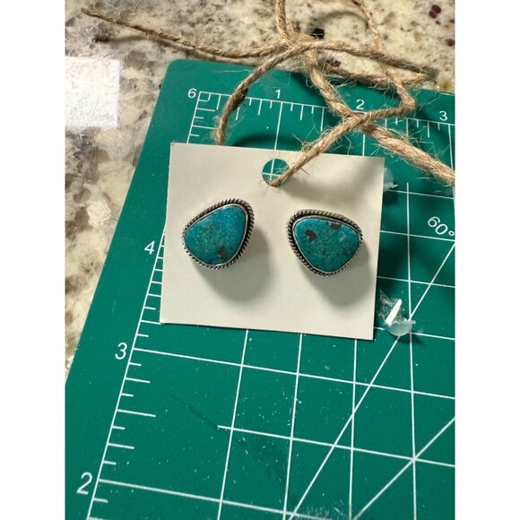 Artisan Turquoise Sterling Silver Triangle Stud Earrings Center Post Southwest - Picture 5 of 12